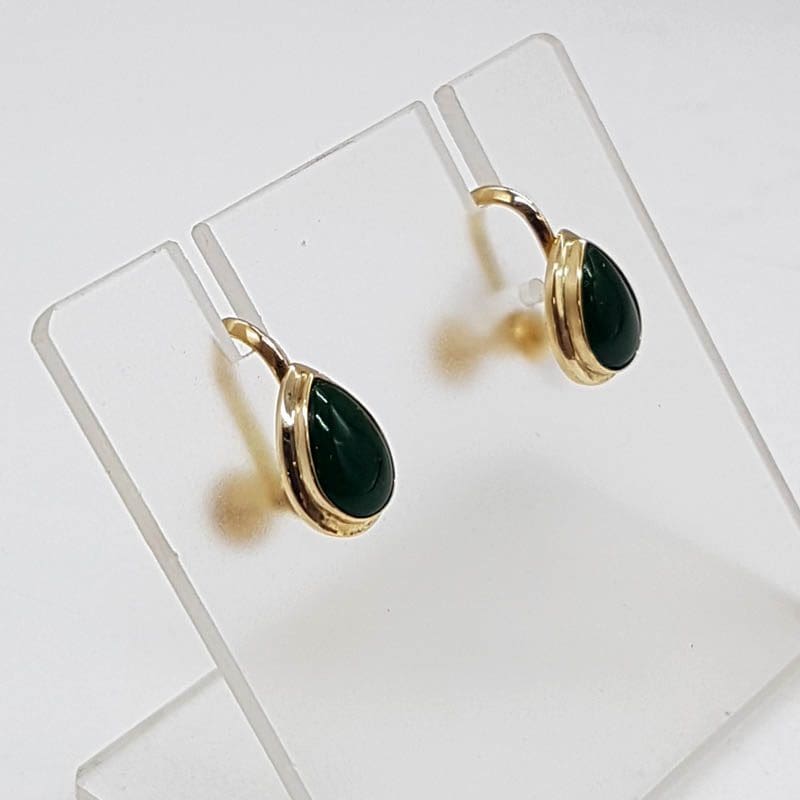 9ct Yellow Gold Nephrite Jade Teardrop / Pear Shape Screw-On Earrings - Antique / Vintage