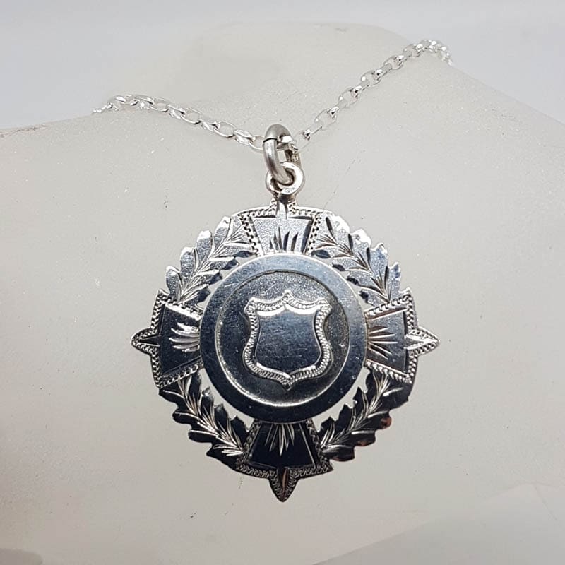 Sterling Silver Ornate Round Fob Medallion / Medal Pendant on Silver Chain  - Antique / Vintage
