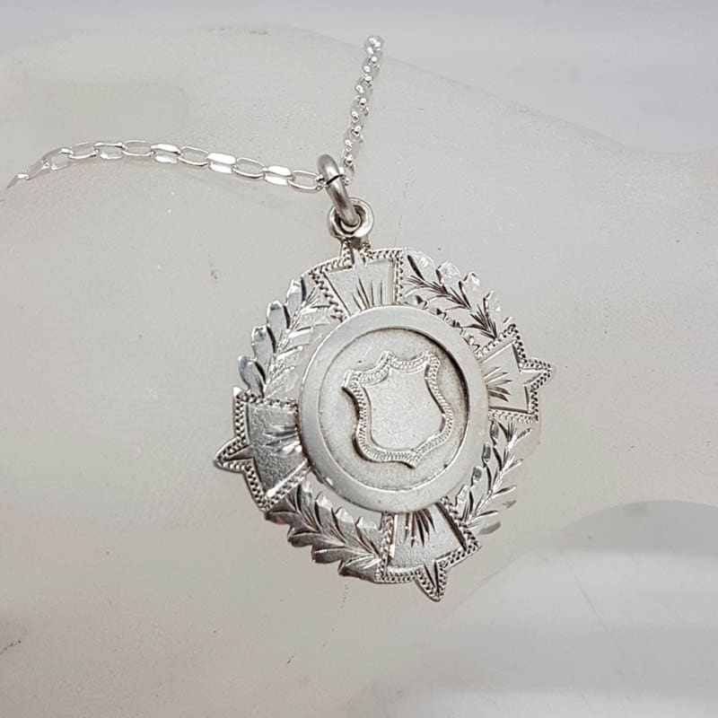 Sterling Silver Ornate Round Fob Medallion / Medal Pendant on Silver Chain  - Antique / Vintage