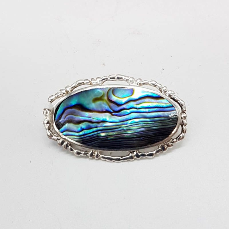 Sterling Silver Oval Ornate Rimmed Paua Shell Brooch - Vintage