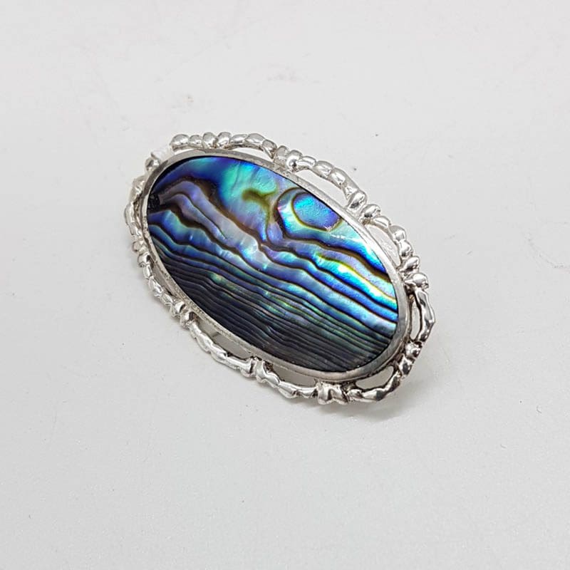 Sterling Silver Oval Ornate Rimmed Paua Shell Brooch - Vintage