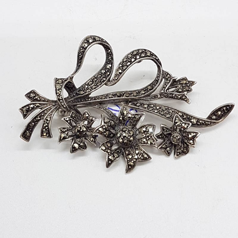 Sterling Silver Marcasite Brooch - Floral Flower with Ribbon Design - Antique / Vintage