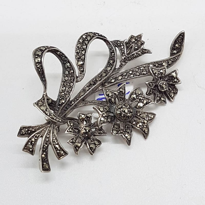 Sterling Silver Marcasite Brooch - Floral Flower with Ribbon Design - Antique / Vintage