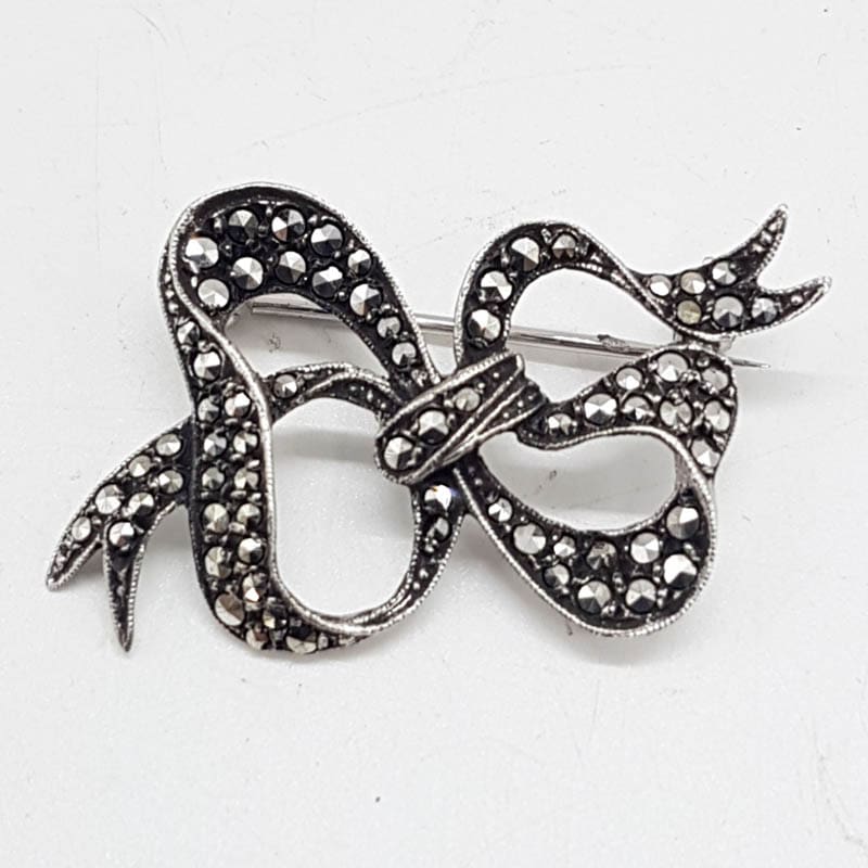 Sterling Silver Marcasite Brooch made in Germany - Stylised Bow / Ribbon Design - Antique / Vintage