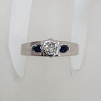 18ct White Gold Diamond Solitaire with Two Natural Sapphires High Set Ring - Antique / Vintage  - Engagement Ring / Dress Ring