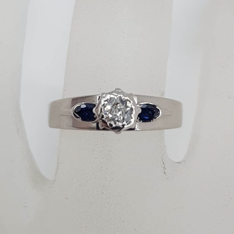 18ct White Gold Diamond Solitaire with Two Natural Sapphires High Set Ring - Antique / Vintage  - Engagement Ring / Dress Ring