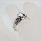 18ct White Gold Diamond Solitaire with Two Natural Sapphires High Set Ring - Antique / Vintage  - Engagement Ring / Dress Ring