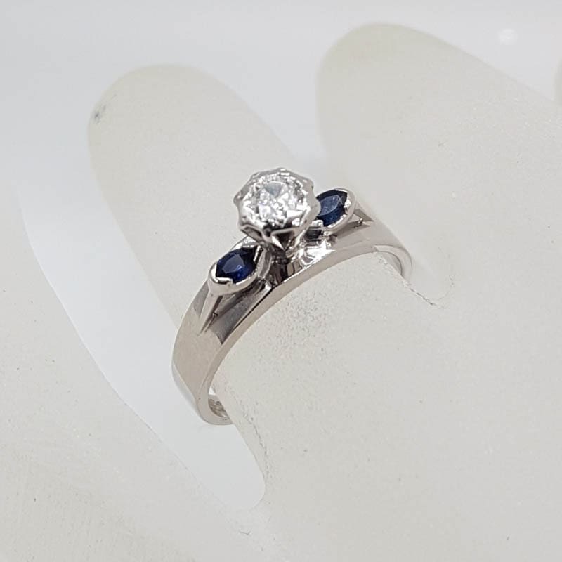 18ct White Gold Diamond Solitaire with Two Natural Sapphires High Set Ring - Antique / Vintage  - Engagement Ring / Dress Ring