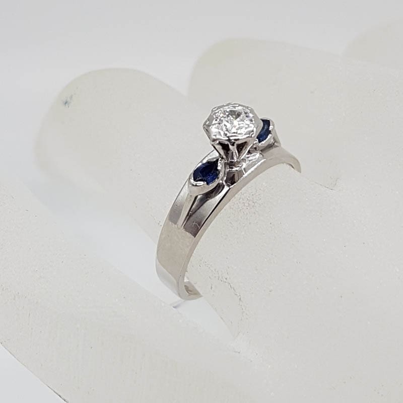 18ct White Gold Diamond Solitaire with Two Natural Sapphires High Set Ring - Antique / Vintage  - Engagement Ring / Dress Ring