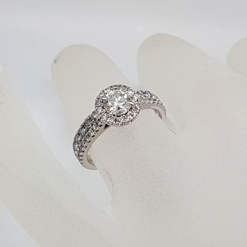 14ct White Gold Diamond Halo Design Round Engagement Ring and Wedding Ring Set