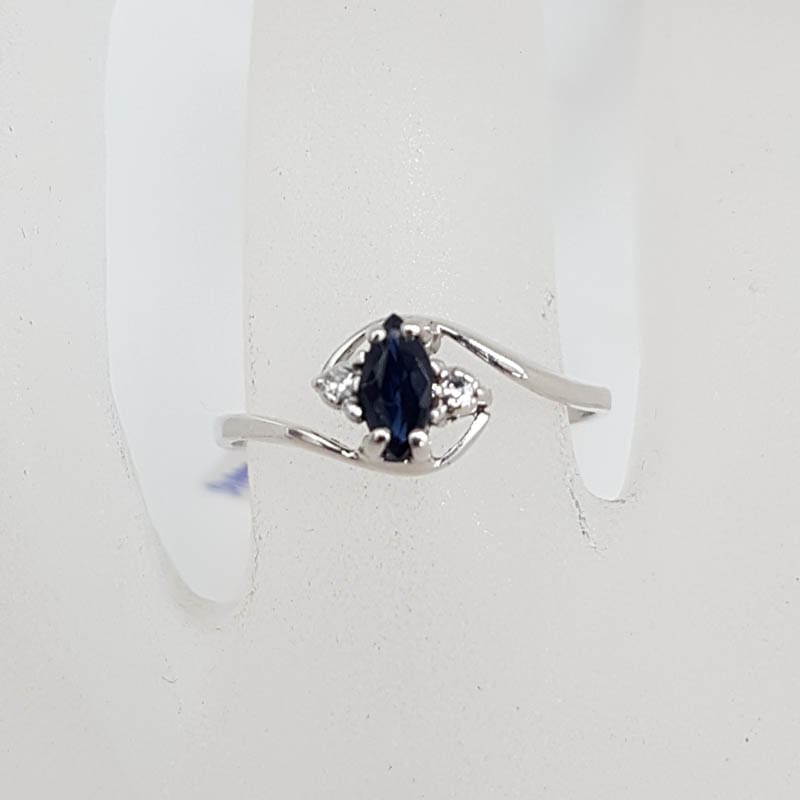 18ct White Gold Natural Sapphire and Diamond Curved Marquis Shaped Dainty Twist Ring