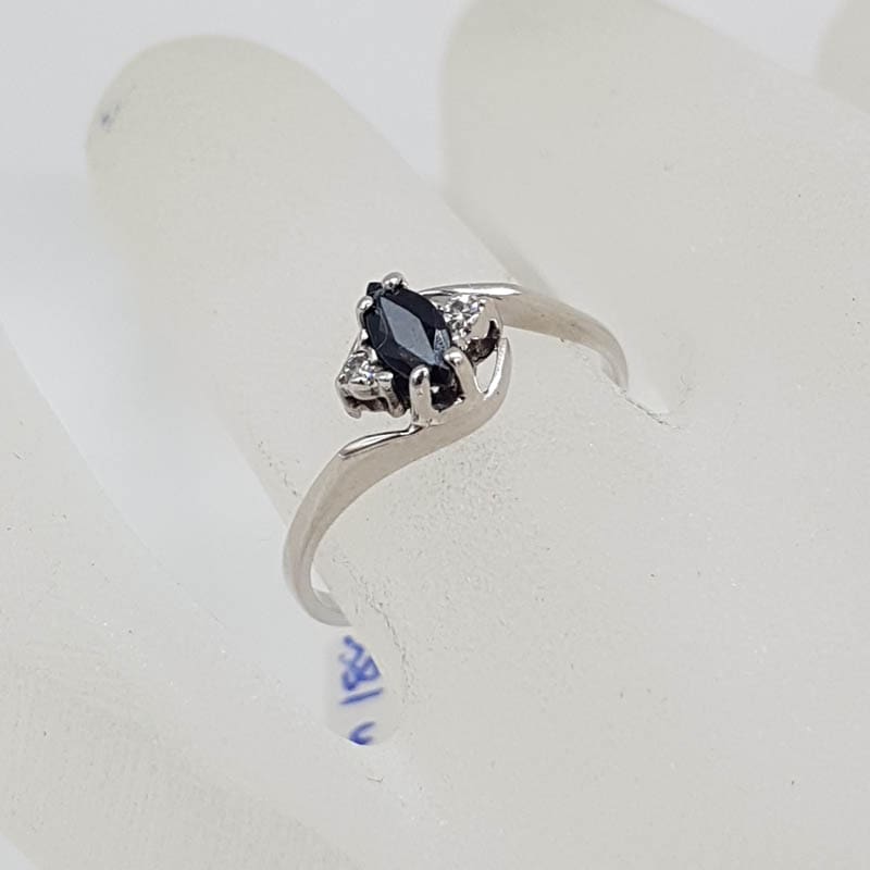 18ct White Gold Natural Sapphire and Diamond Curved Marquis Shaped Dainty Twist Ring