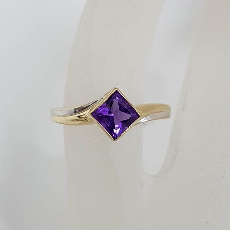 9ct Yellow Gold and White Gold Square Amethyst Bezel Set Ring