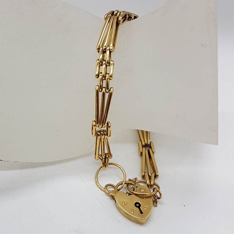 18ct Yellow Gold Three Row Gatelink Padlock Bracelet - Antique / Vintage