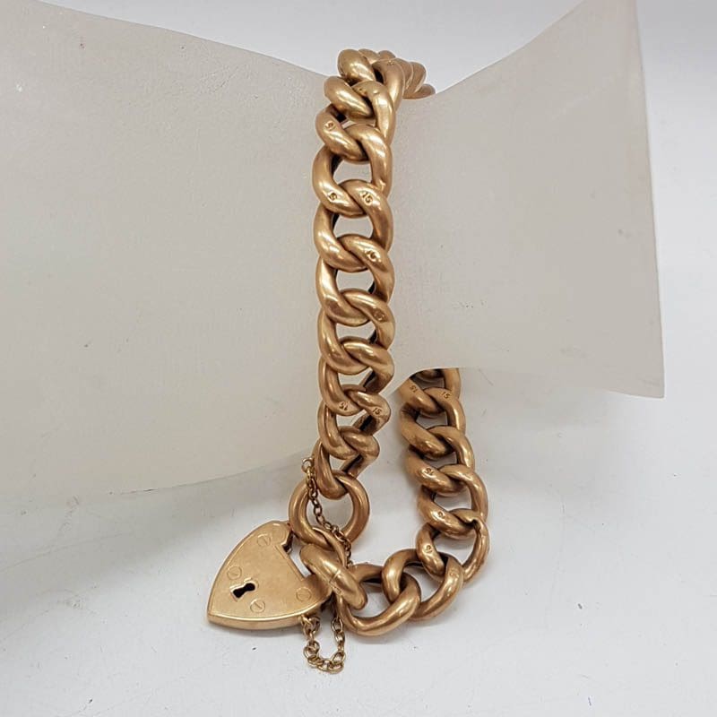 15ct Rose Gold Curb Link Padlock Bracelet with Carved Three Mouse Ivory Ball Charm - Antique / Vintage