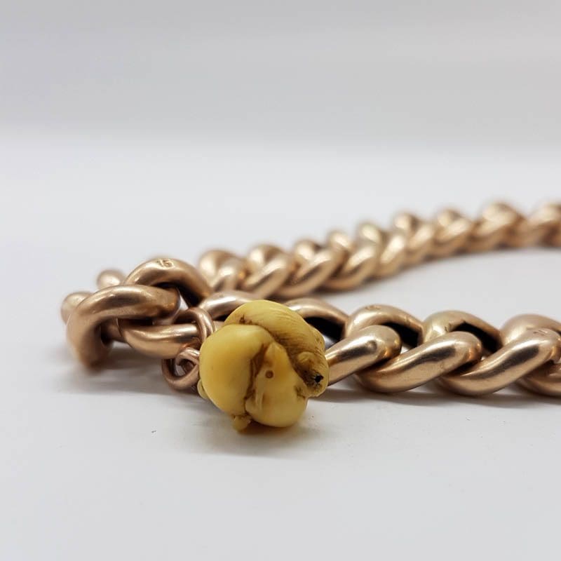 15ct Rose Gold Curb Link Padlock Bracelet with Carved Three Mouse Ivory Ball Charm - Antique / Vintage