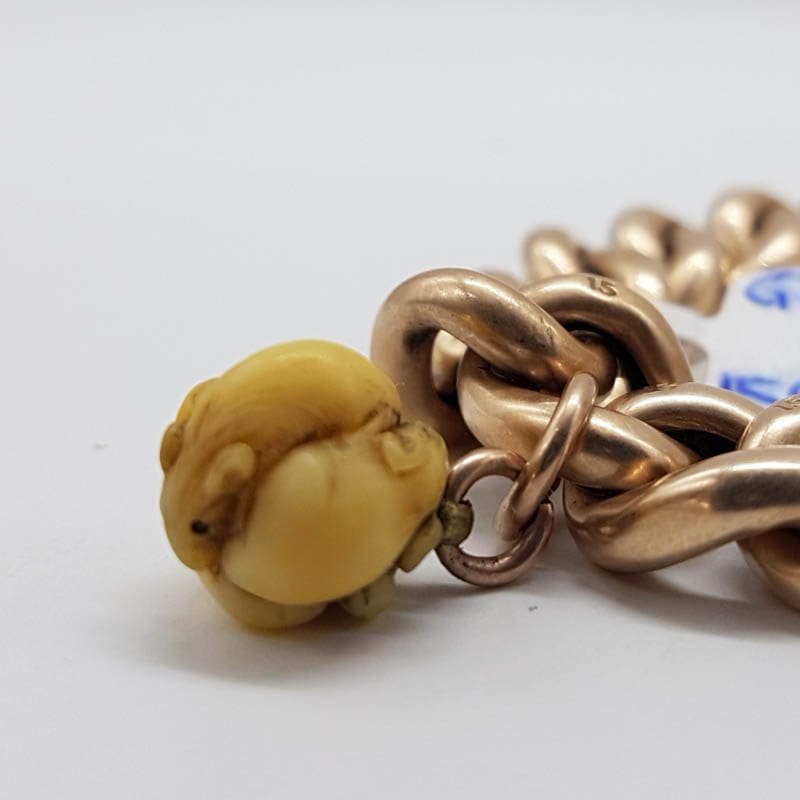 15ct Rose Gold Curb Link Padlock Bracelet with Carved Three Mouse Ivory Ball Charm - Antique / Vintage