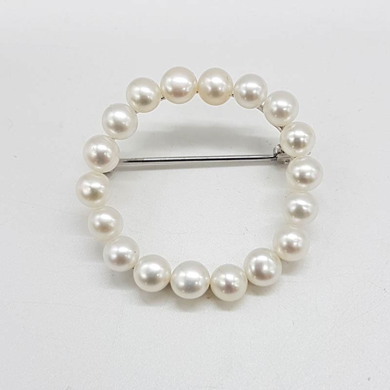 Sterling Silver Round Circle Pearl Brooch - Vintage