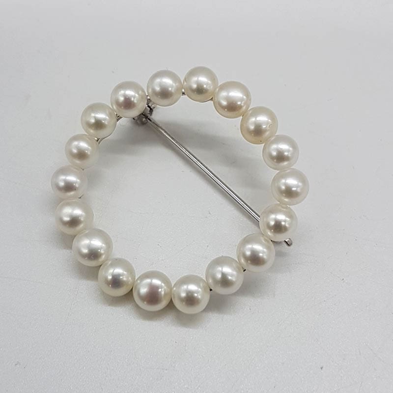 Sterling Silver Round Circle Pearl Brooch - Vintage