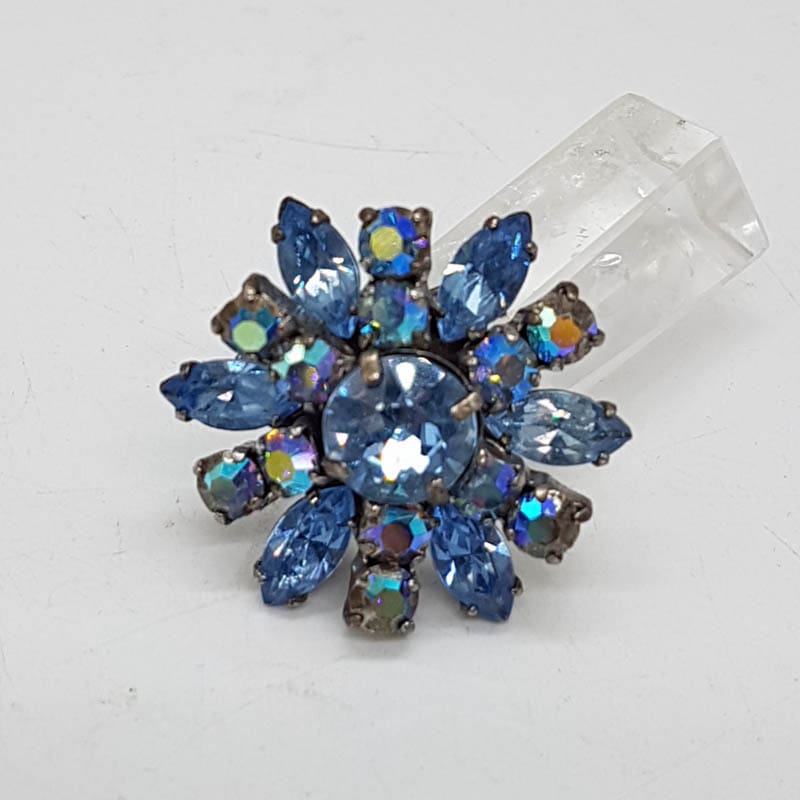 Plated Large Round Blue Aurora Borealis Cluster Brooch - Vintage Costume Jewellery