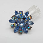 Plated Large Round Blue Aurora Borealis Cluster Brooch - Vintage Costume Jewellery