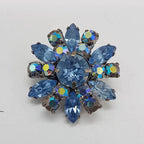 Plated Large Round Blue Aurora Borealis Cluster Brooch - Vintage Costume Jewellery