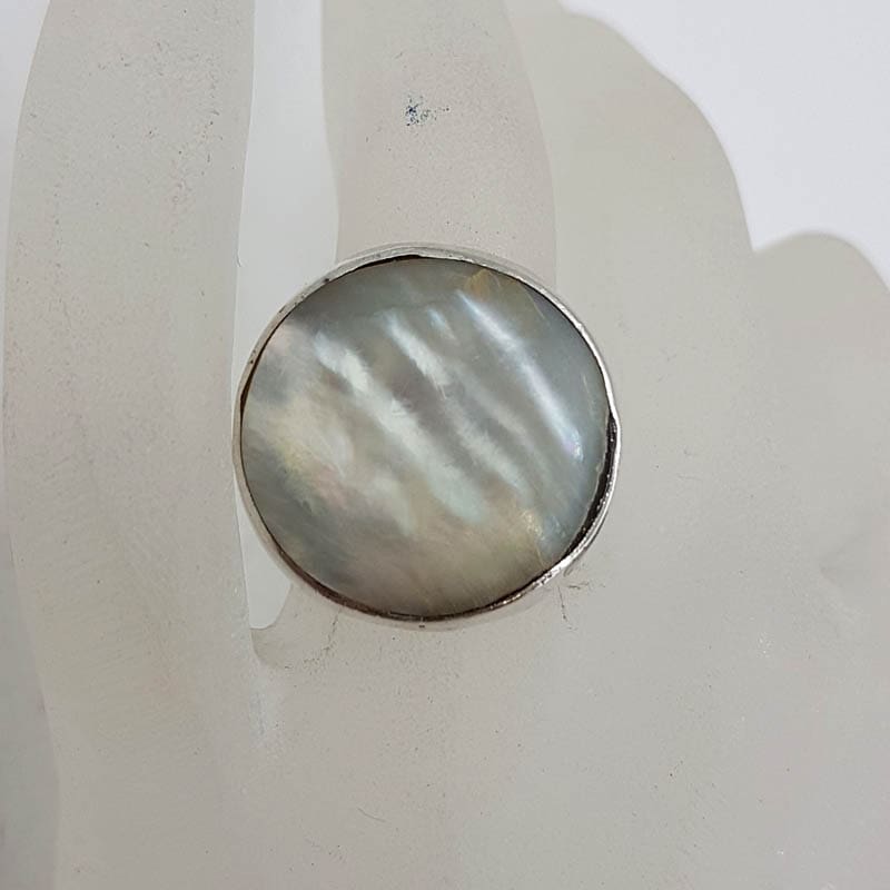 Sterling Silver Very Large Round Mother of Pearl Ring - Vintage