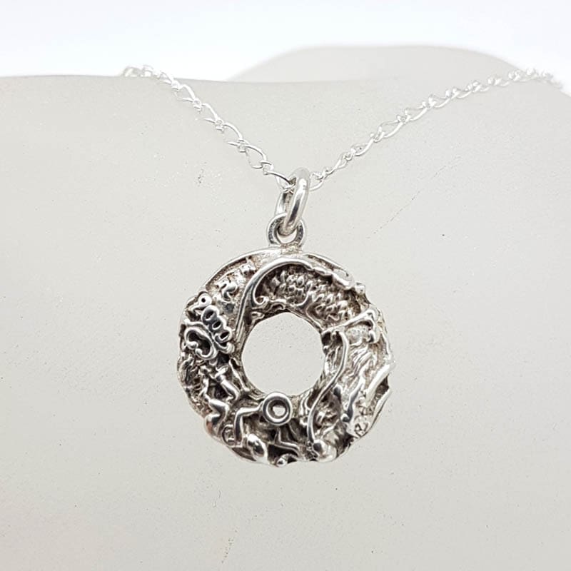 Sterling Silver Dragon and People Round Pendant on Silver Chain - Vintage