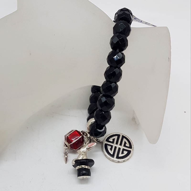 Sterling Silver Thomas Sabo Three Enamel Charms Black Onyx Bracelet with Rabbit in Hat, Red Enamel Lantern and Round Disc