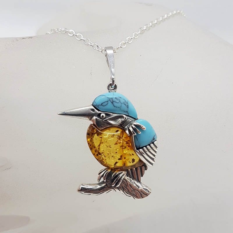 Sterling Silver Natural Baltic Amber with Reconstituted Turquoise Kingfisher Bird Pendant on Silver Chain