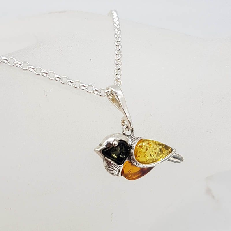 Sterling Silver Natural Baltic Amber Tri-Coloured Bird Pendant on Silver Chain