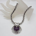 Sterling Silver Ruby Zoisite Large and Heavy Ornate Oval Pendant on Thick Rope Twist Silver Chain