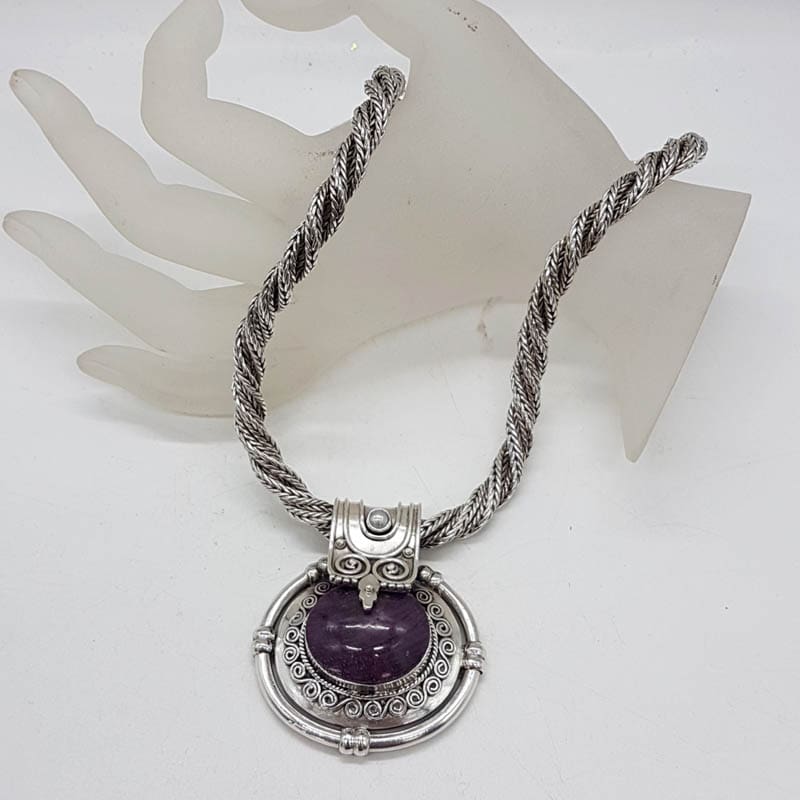Sterling Silver Ruby Zoisite Large and Heavy Ornate Oval Pendant on Thick Rope Twist Silver Chain