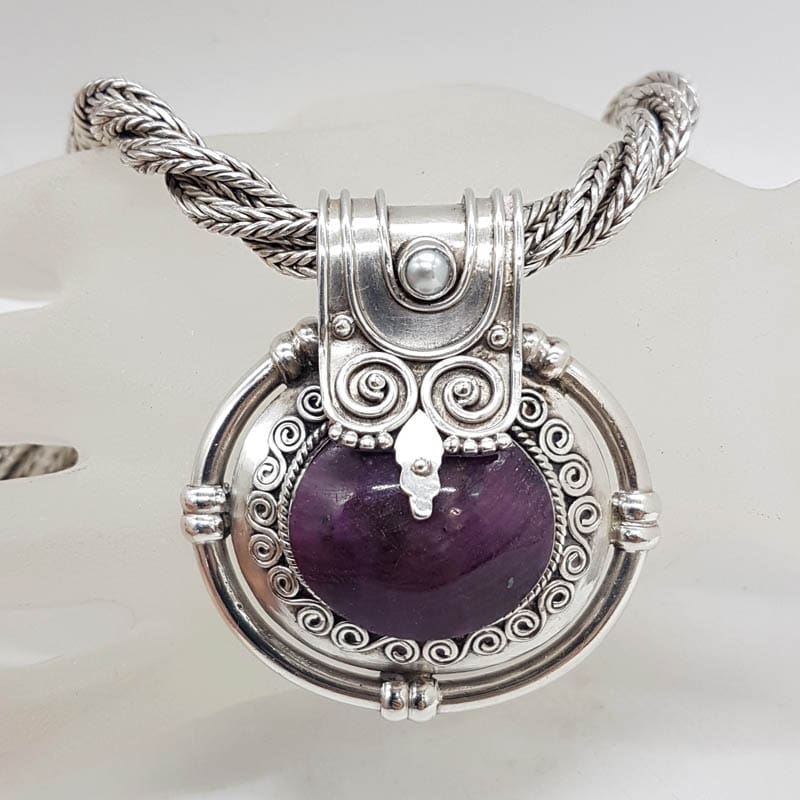 Sterling Silver Ruby Zoisite Large and Heavy Ornate Oval Pendant on Thick Rope Twist Silver Chain