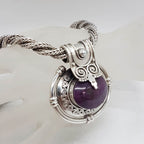 Sterling Silver Ruby Zoisite Large and Heavy Ornate Oval Pendant on Thick Rope Twist Silver Chain