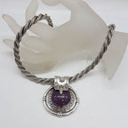 Sterling Silver Ruby Zoisite Large and Heavy Ornate Oval Pendant on Thick Rope Twist Silver Chain