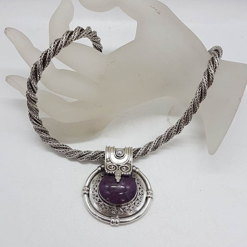 Sterling Silver Ruby Zoisite Large and Heavy Ornate Oval Pendant on Thick Rope Twist Silver Chain