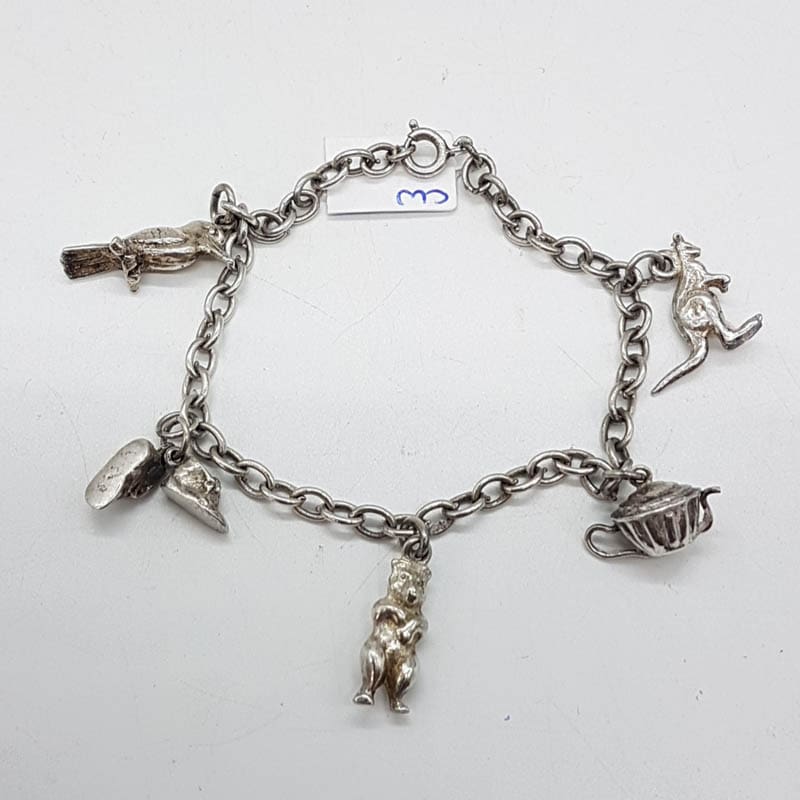 Sterling Silver Vintage 5 Charms Bracelet - Includes Kangaroo etc