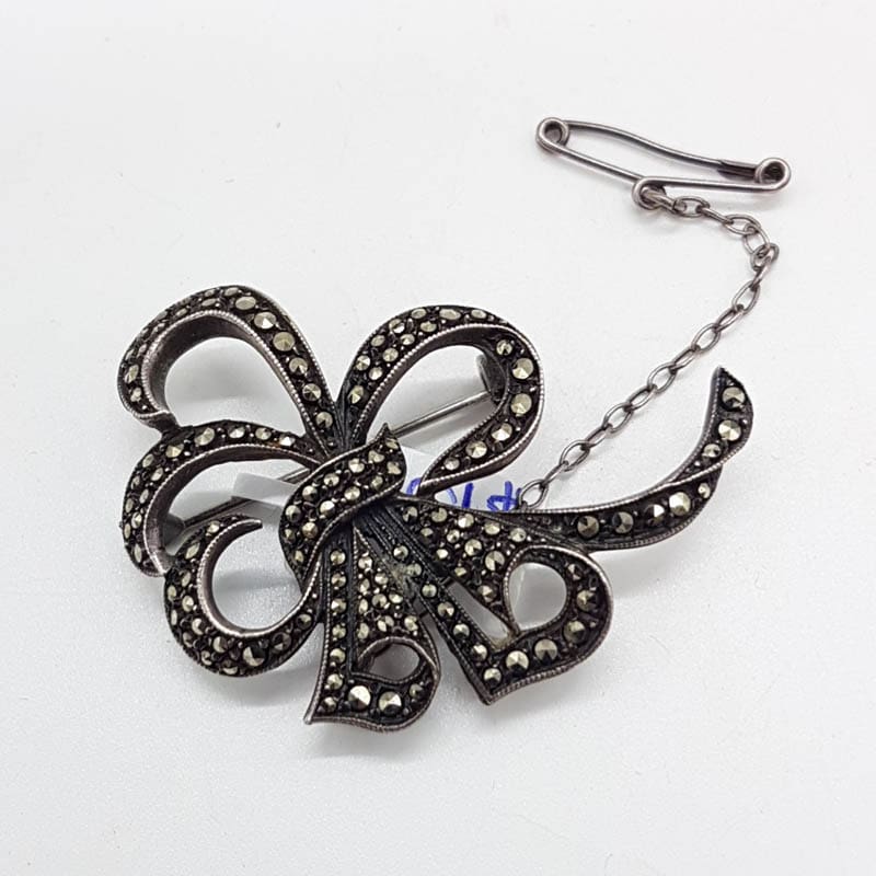 Sterling Silver Ornate Marcasite Bow Shape Brooch - Vintage /Antique