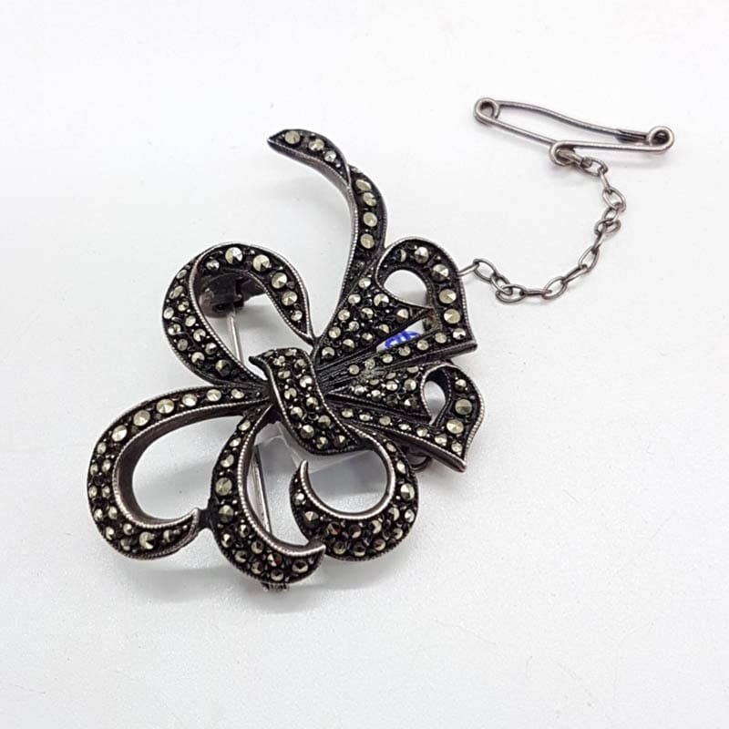 Sterling Silver Ornate Marcasite Bow Shape Brooch - Vintage /Antique
