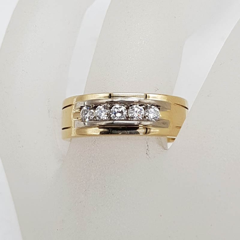 18ct Yellow Gold &amp; White Gold Diamond 5 Stone Channel Set Wide Band Gents Ring / Ladies Ring / Wedding Ring
