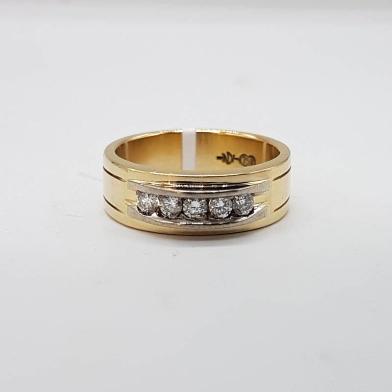 18ct Yellow Gold &amp; White Gold Diamond 5 Stone Channel Set Wide Band Gents Ring / Ladies Ring / Wedding Ring