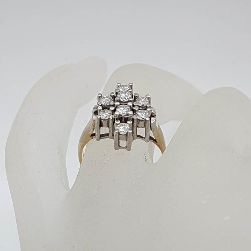 18ct Yellow Gold &amp; Platinum Diamond Large Claw Set Unusual Cluster Ring - Antique / Vintage