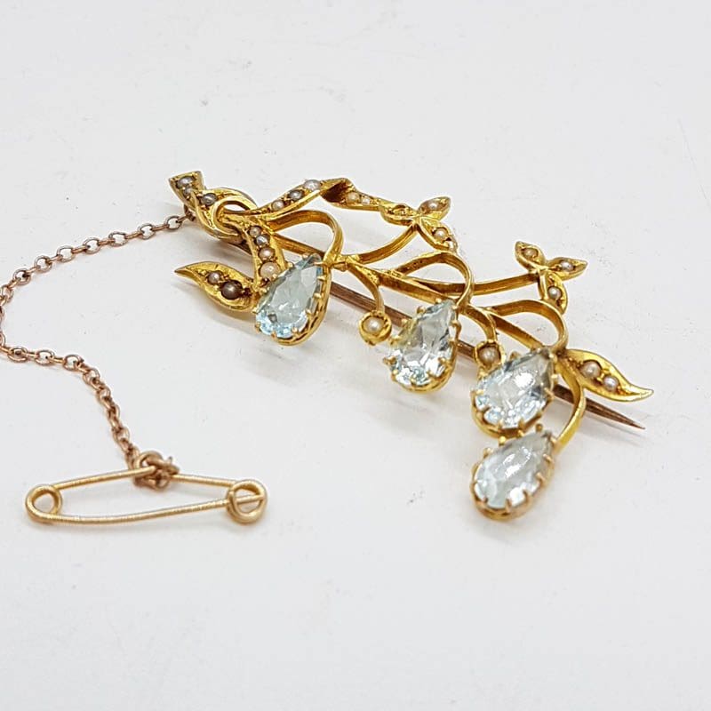 15ct Yellow Gold Ornate Lily of the Valley Style Aquamarine and Seed Pearl Brooch - Antique / Vintage