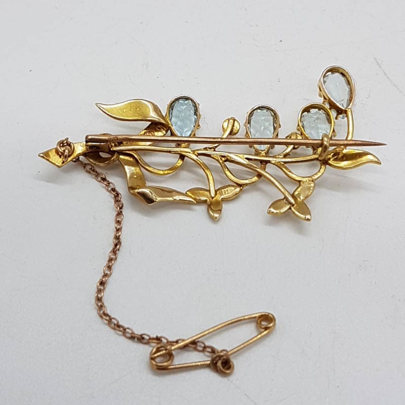 15ct Yellow Gold Ornate Lily of the Valley Style Aquamarine and Seed Pearl Brooch - Antique / Vintage