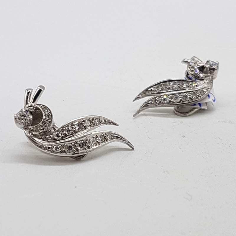 18ct White Gold Diamond Stunning Curved Design Clip-On Earrings - Antique / Vintage