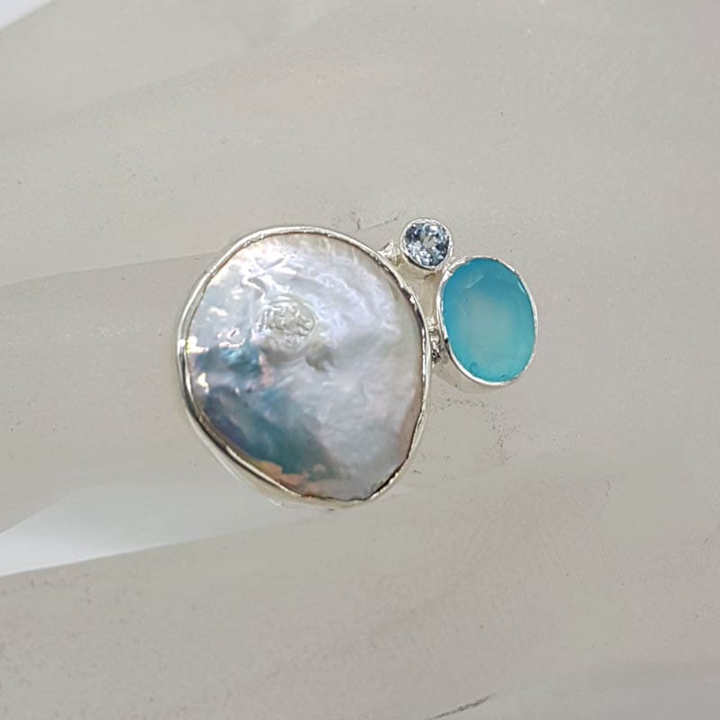 Sterling Silver Free Form Baroque Pearl Large Round with Chalcedony and Topaz Clusters Ring