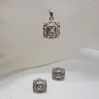 Sterling Silver Square Cubic Zirconia Filigree Pendant on Silver Chain with Matching Studs Earrings