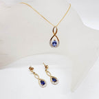 9ct Yellow Gold Created Sapphire with Diamond Teardrop Shape Pendant on Gold Chain with Matching Earrings - Set