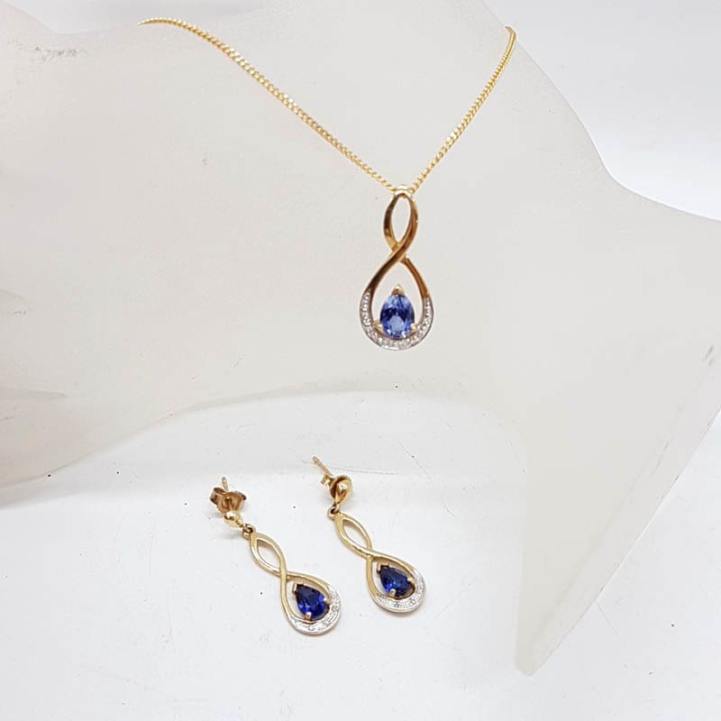 9ct Yellow Gold Created Sapphire with Diamond Teardrop Shape Pendant on Gold Chain with Matching Earrings - Set